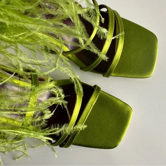 NWOT Staud Anise Feather-Trimmed Satin Heeled Sandals in Lime Green Size EU 36 - Picture 9 of 14